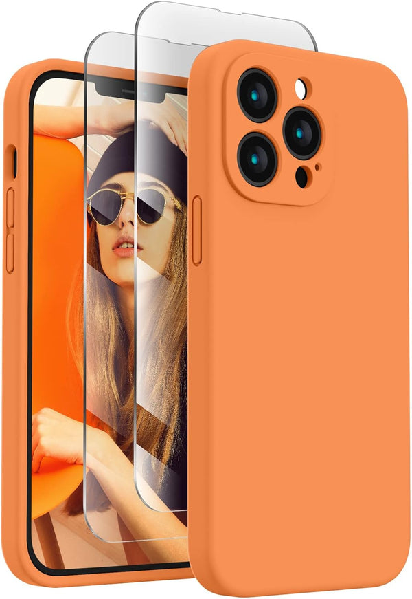 FireNova iPhone 13 Pro Case, Kumquat - Silicone, 6.1", with Camera Protection & 2 Screen Protectors, Soft Microfiber