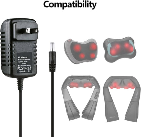 Shiatsu Neck and Back Massager Power Cord, 12V AC DC Charger Compatible with Zyllion, Papillon, Nekteck, COMFIER,