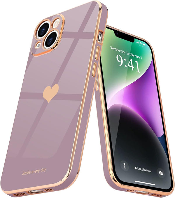Teageo iPhone 14 Case - Cute Lavender Love Heart, Luxury Electroplate, Soft Bling, Shockproof, Full Camera Protection.