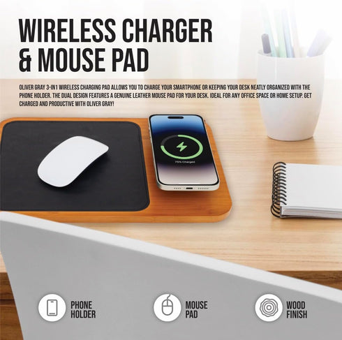 Oliver Gray 3-in-1 Wireless Charger & Mouse Pad, Charging Mat + Phone Holder, Wooden Finish, Vegan Leather