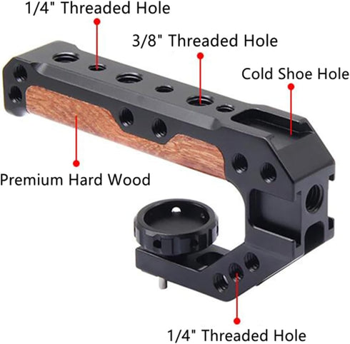 Wooden Camera Top Handle with 3 Cold Shoes, FUGASUN Grip for DSLR with 1/4", 3/8" Threaded Holes