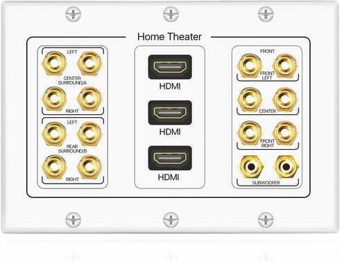 TNP Home Theater Wall Plate - 3-Gang 7.2 Surround Sound Distribution w/Premium Gold Plated Copper Banana Binding Post Coupler for 7 Speakers, 2 RCA Jack for Subwoofer, 3 HDMI Port for UHD 4K HD 1080P by TNP Products