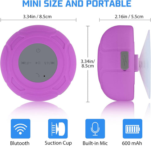 Waterproof Bluetooth Shower Speaker - Portable Wireless Water-Resistant Speaker with Suction Cup, Purple