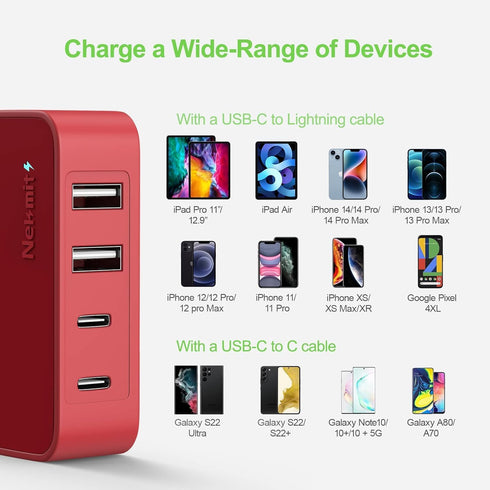 Nekmit 52W 4-Port 20W 3.0 2 14/14 Pro/14 USB C Charger, Thin Flat Fast Wall Charger Type-C Charging Station with Two PD