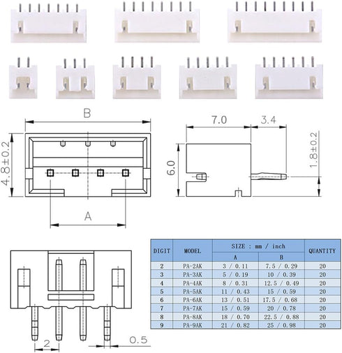 Glarks 1180 Pieces 2.54mm 2/3/4/5/6/7/8/9 Pin Housing Adapter Cable Connector Socket Male and Female with 2.54mm Female Pin Header Connector Perfectly Compatible with JST-XHP Connector Kit by Glarks