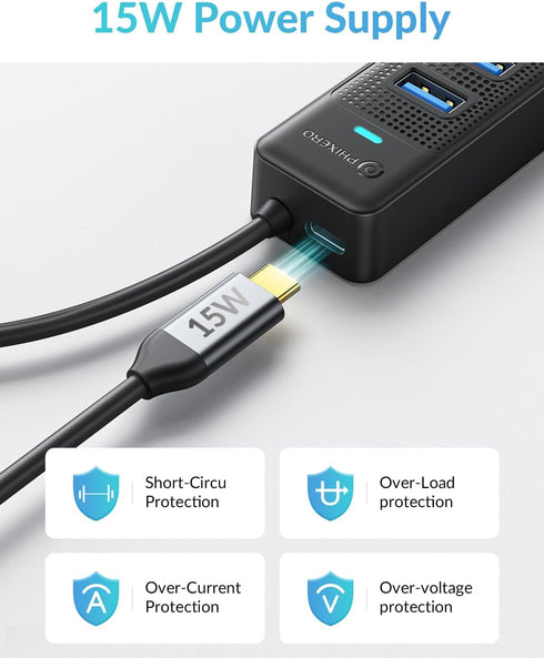 PHIXERO 7 Port USB Hub with 1.6FT Long Cable, Multi USB Port Hub, USB Extension Hub for Laptop, Compatible with USB