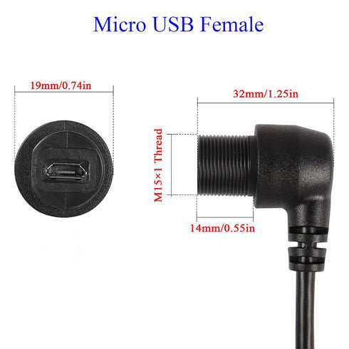 QIANRENON 90° Micro USB Panel Flush Mount Waterproof Extension Cable, Right Angle Male to Female Connector