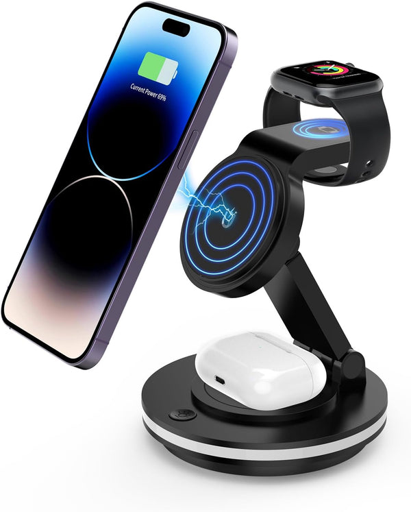 Foldable 3 in 1 Charging Station for iPhone, Magnetic Charger Stand for iPhone 15 14 13 12 11 X Pro Max, Watch, AirPods