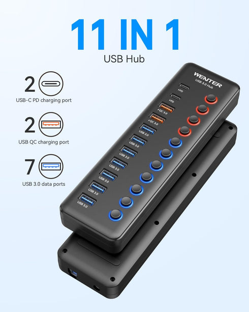 Wenter Powered USB 3.0 Hub, 48W 11-Port USB Hub Splitter with 7 Data Transfer Ports and 4 QC Charging Ports