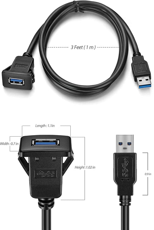 USB3.0 Square Flush Mount - 1M 3ft USB 3.0 Extension Mount Cable for Car, Boat, Motorcycle