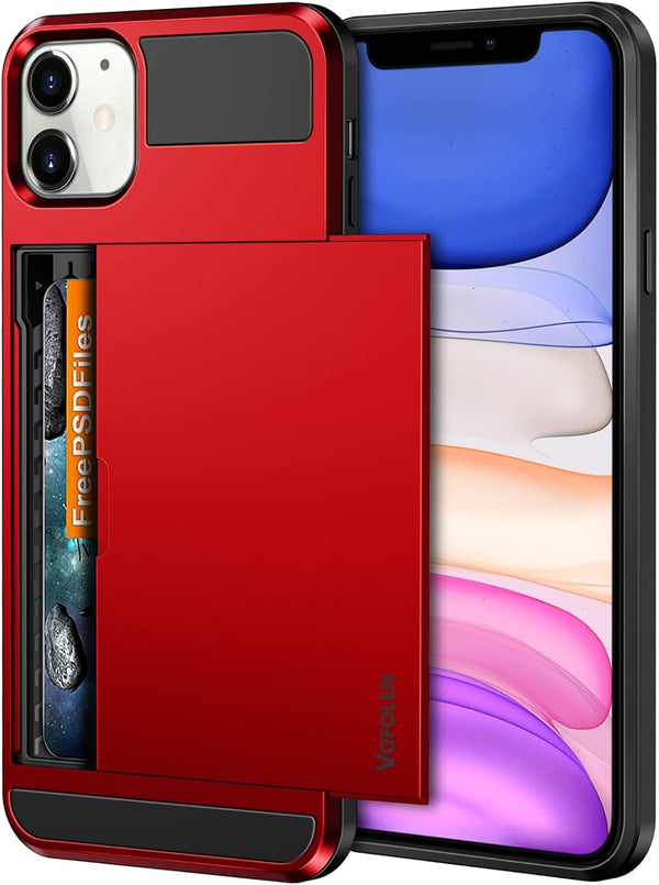 Vofolen Case for iPhone 11, Wallet Credit Card Holder, Anti-Scratch Dual Layer Hybrid Bumper Armor, Bright Red