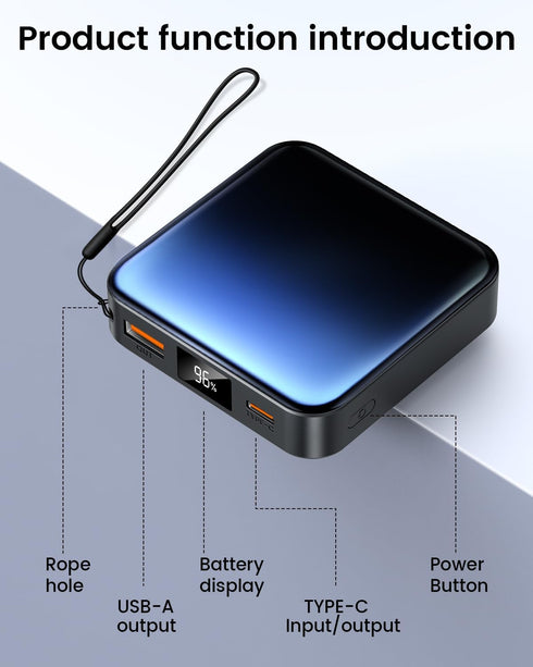 10000mAh Small Power Bank, Mini Portable Charger, USB C Input/Output with Smart LED Display, 30W Fast Charging for