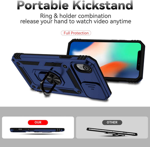 Hitaoyou iPhone XR Case with Camera Cover, Military Grade Shockproof Heavy Duty Protective Case with Kickstand (Blue)