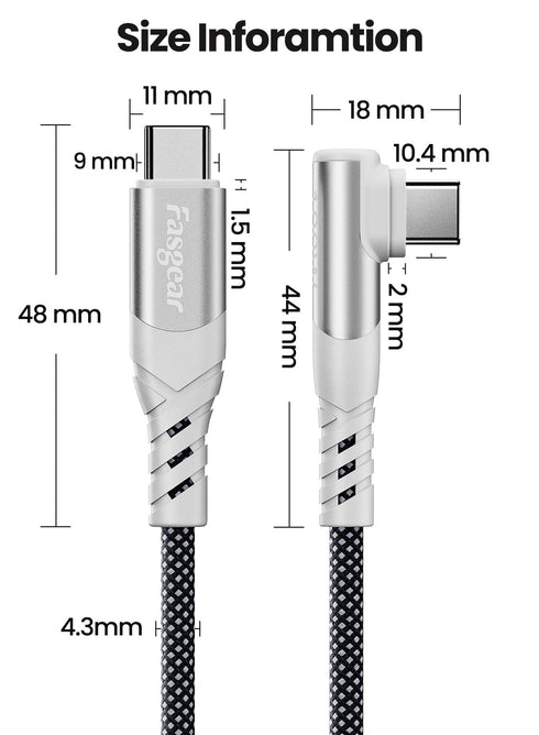 Fasgear 100W USB C to USB C Cable, 3 Pack 3ft&6ft&10ft, Fast Charging Right Angle Compatible with MacBook Pro, Black
