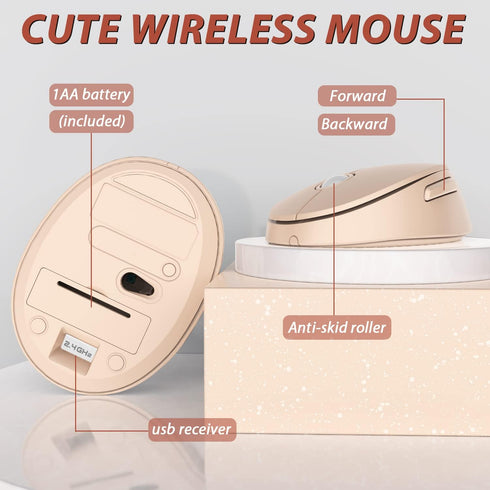 KOOTOP Wireless Keyboard and Mouse, 2.4G Cute Keyboard with Retro Round Keycap for PC, Mac, Laptop, Tablet (Milk Tea)