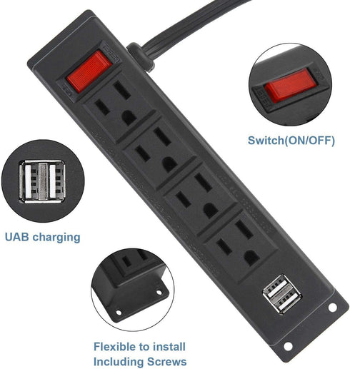 Wall Mount Power Strip with 4 Outlets, 2 USB Ports, 6FT Power Cord for Workbench, Nightstand, Dresser