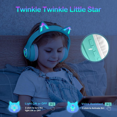 LOBKIN Bluetooth 5.3 Kids Headphones with Case, RGB LED Light Up Cat Ears, Foldable Over Ear