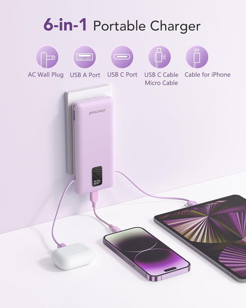 Charmast Portable Charger 10000mAh with Built-in Cables & Wall Plug, External Battery Pack for iPhone, Samsung, iPad