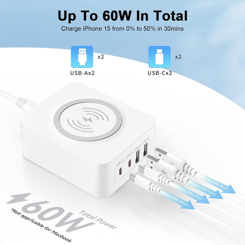 Multiple USB Charging Station, 60W Fast Charging USB C Block with 15W Wireless Charger, Multi Port Wall Plug