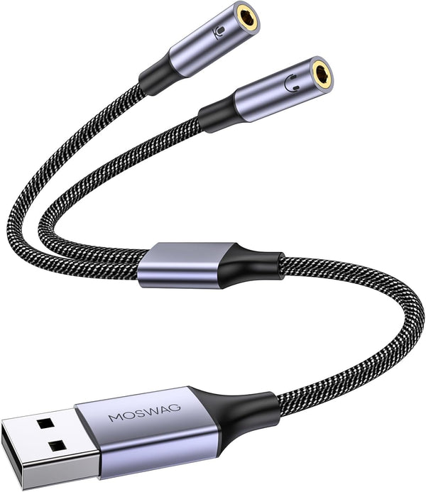 MOSWAG USB Audio Adapter External Sound Card with Dual TRS 3-Pole 3.5mm Headphone and Microphone Jacks