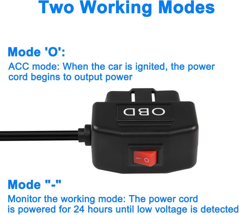 XMSJSIY OBD Power Cable for Dash Camera Type C OBD2 Power Adapter Hardwire Charger Cable for 24 Hours Surveillance