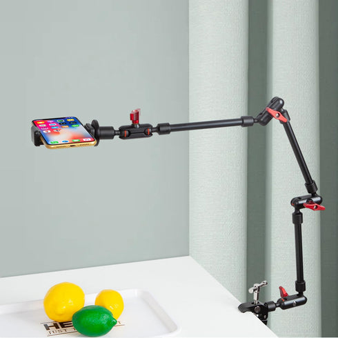Adjustable Articulating Magic Arm with Clamp and Phone Holder Clip for Desk Mount, Cell Phone Tripod