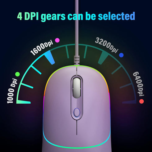 Wired Mouse, LED Computer Mouse Wired, 4 Adjustable DPI up to 6400 Ultra Silent Mouse, Optical Tracking USB Mouse Soft Rubber Corded Mouse for Laptop PC Windows (Purple)