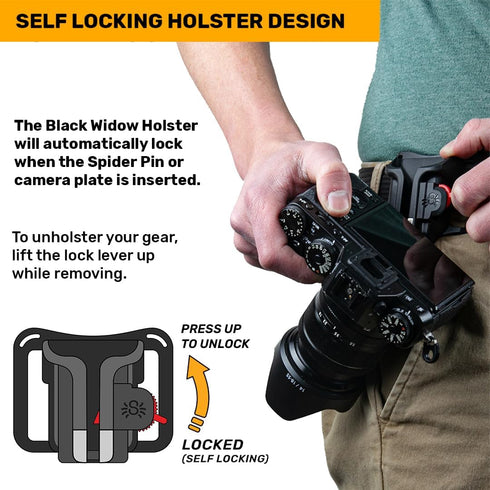 Spider Holster BlackWidow Camera Holster + Pin, Self Locking Holster for Lightweight Camera Carrying from Any Belt