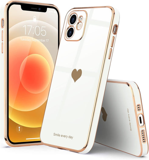 Teageo Cute Love-Heart Case for iPhone 12, White, Luxury Bling Soft Back Cover with Raised Full Camera Protection