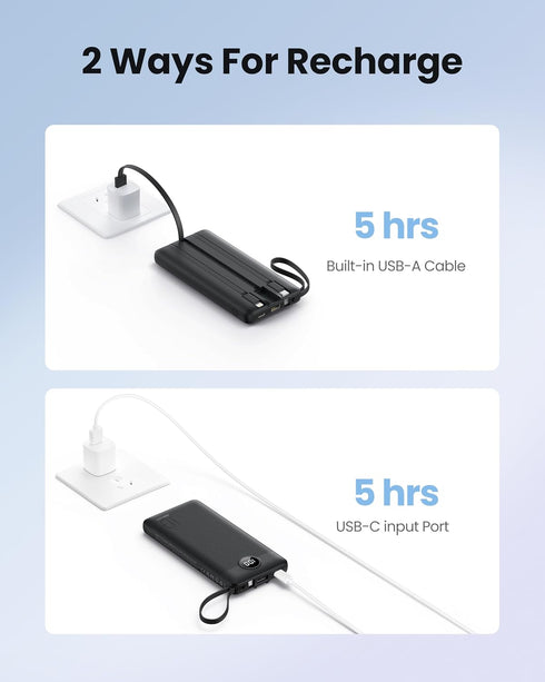 Coowisty 10000mAh Pack 5 2 Portable Charger with Built-in Cables, Slim Power Bank with USB C, Travel Essentials