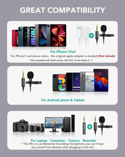 PoP voice Professional Lavalier Lapel Microphone for iPhone Android Smartphone, Omnidirectional Condenser Mic for