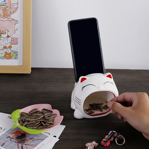 OUNONA 4.52X4.33X4.01In Cat Phone Stand for Desk Cute Desktop Mobile Phone Holder with Amplifying Bracket Multi-Purpose