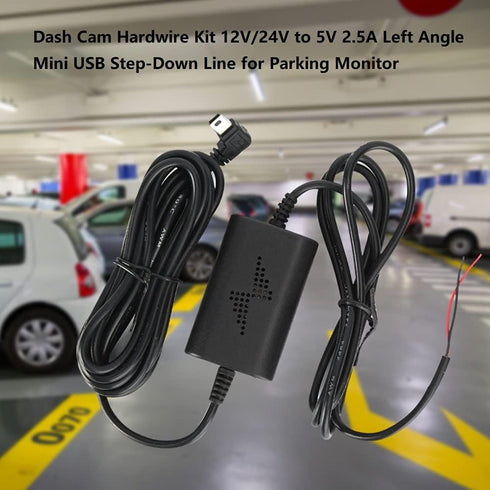 Dash Cam Hardwire Kit - 12V/24V to 5V 2.5A Parking Monitor Converter Cable, Left Angle Mini USB