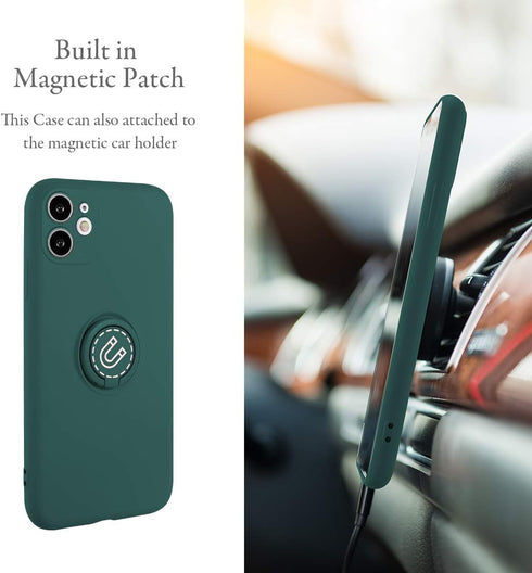 UEEBAI Slim Liquid Silicone Case for iPhone 11 (6.1 inch) - Dark Green with 360 Rotatable Ring Holder & Kickstand