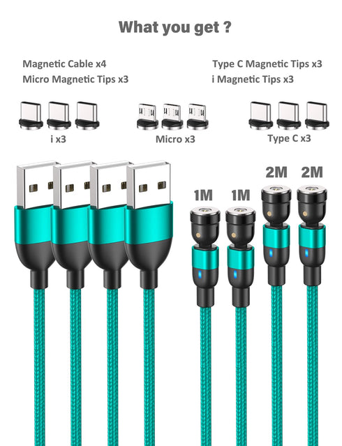 Magnetic Charging Cable, 4Pack (3.3ft/3.3ft/6.6ft/6.6ft) 360°&180° Rotating USB C Charging Cable with LED