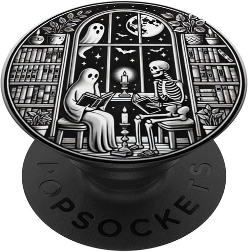 PopSockets Adhesive PopGrip, Retro Spooky Bookish Halloween Skeleton Ghost Bookworm Gifts