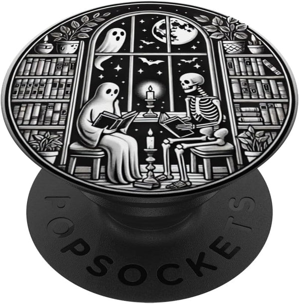PopSockets Adhesive PopGrip, Retro Spooky Bookish Halloween Skeleton Ghost Bookworm Gifts