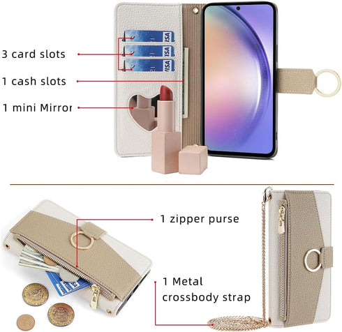 Asuwish Phone Case for Samsung Galaxy A54 5G Wallet Cover with Screen Protector and Mirror PU Leather Flip Cover Ring Card Holder Crossbody Strap Stand Cell A 54 54A SM A546U 2023 Women Girls White