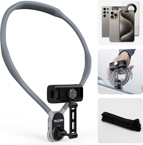 Neck Phone Holder POV/Vlog Mount, Hands-Free Phone Neck Holder with Clip and Chest Strap for Video Recording