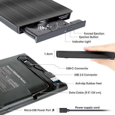 ROOFULL External CD DVD Drive, USB 3.0 Type-C Portable CD/DVD-ROM +/-RW for Laptop PC, Windows, Mac, Linux