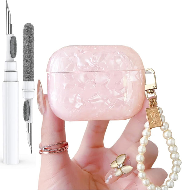 Olytop Cute Glitter Airpods Pro 2nd/1st Generation Case with Cleaner Pen, Pink Shell Pattern Cover for Women