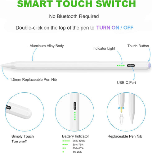 Stylus Pen for iPad 2018-2023, Active Pencil with Palm Rejection, Magnetic for iPad Pro 11/12.9, Air 5/4/3, Mini 6/5