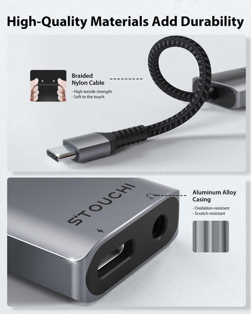 Stouchi USB C to 3.5mm Headphone & Charger Adapter, 2 in 1 iPhone 15 USB C to Aux with 30W Fast Charging