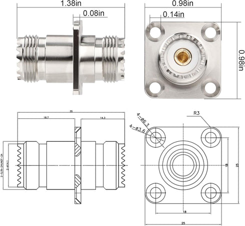 XRDS-RF SO239 to SO239 Chassis Mount Connector 2-Pack, UHF Female to Female 4 Hole Flange Panel Mount Adapter