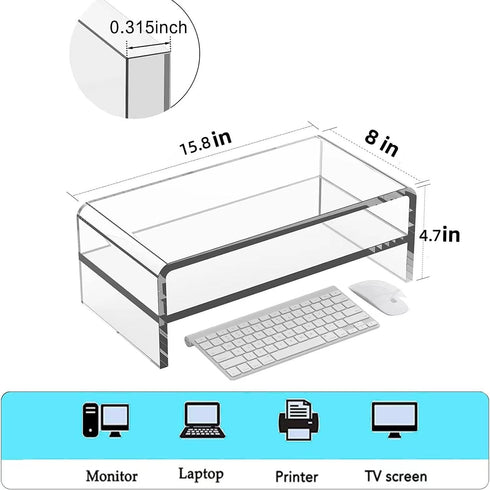 2 16/20 Inch, (16in) Acrylic Monitor Stand, Tier Riser with Storage Shelf, Clear, Home Office Desk Organizer
