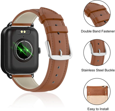 Leather Watch Bands Compatible with Woneligo/Fitpolo Smart Watch IDW13,Soft Genuine Leather Replacement Wristband for FITVII H56/TOOBUR/Tensky/ENOMIR/MILOUZ IDW19 Watch for Women Men