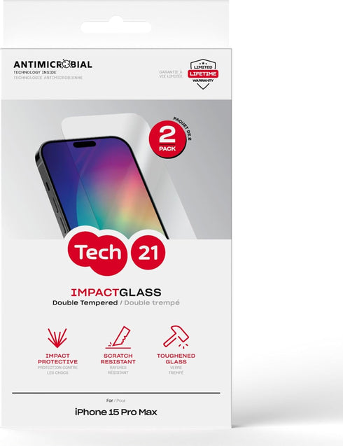 Tech21 Impact Glass Screen Protector for iPhone 15 Pro Max - 2 Pack