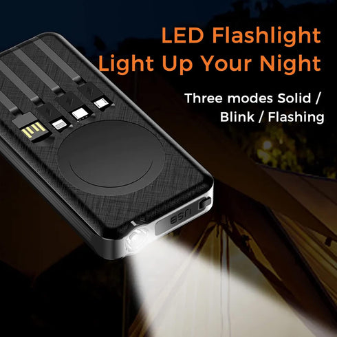 Outdoor Solar Portable Power Bank with Wireless Charging, 10000mAh Battery, IP65 Waterproof