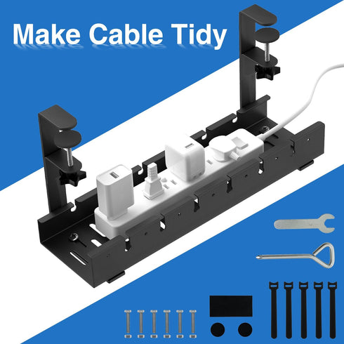 No Drilling Under Desk Cable Management, Metal Cable Management Tray with Clamp, Retractable Power Strip Holder