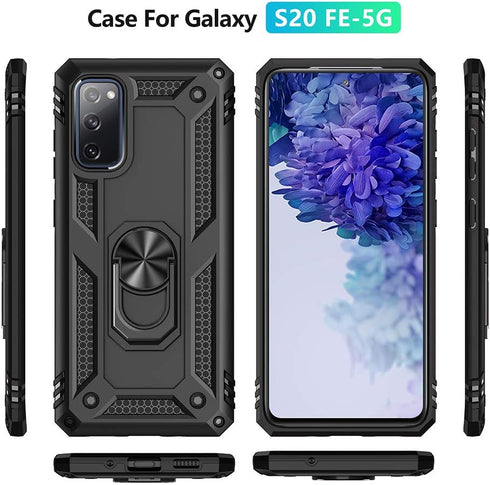 Samsung Galaxy S20 FE Case, Black Military Grade Shockproof with HD Screen Protector & Ring